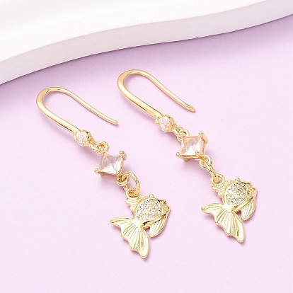 Серьги-подвески в форме рыбок из латуни с микропаве из прозрачных кубических цирконий, долговечный, стойки покрытие, без кадмия и без свинца