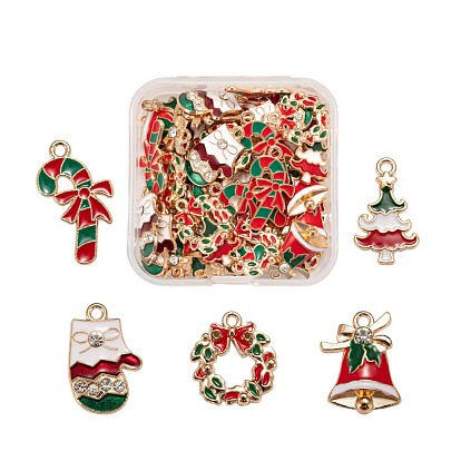 50Pcs 5 Style Christmas Theme Alloy Enamel Pendants, Cadmium Free & Lead Free, Light Gold, Candy Cane & Bell & Gloves & Wreath with Bowknot & Tree