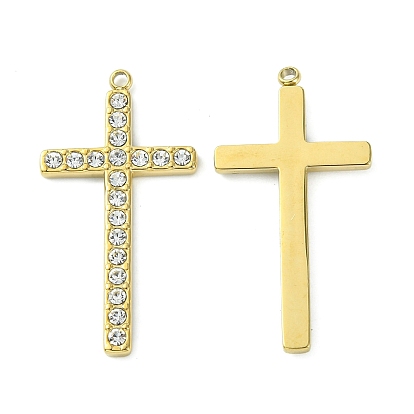 Real 14K Gold Plated 304 Stainless Steel Pendants, with Rhinestone, Cross Charms