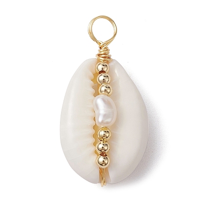 Natural Cowrie Shell Copper Wire Wrapped Pendants, Shell Charms with Natural Cultured Freshwater Pearl Beads, Golden