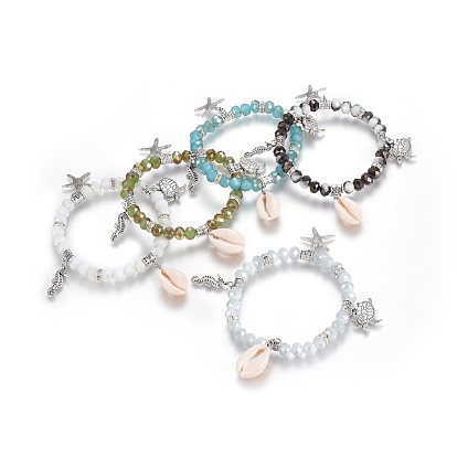 Colgante de concha de vaquilla pulseras elásticas, con abalorios de vidrio y fornituras de aleación, estrellas de mar / estrellas de mar y caballitos de mar y tortugas marinas y conchas