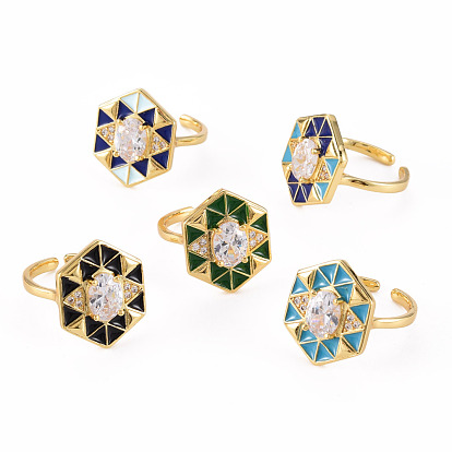 Brass Micro Pave Clear Cubic Zirconia Cuff Rings, Open Rings, with Enamel, Cadmium Free & Nickel Free & Lead Free, Hexagon, Real 16K Gold Plated