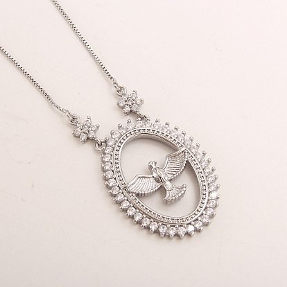 Ожерелья с подвеской в форме овала с птицей из латуни с микропаве из прозрачных кубических цирконий для женщин