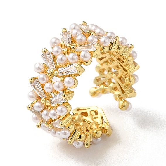 Rack Plating Brass Micro Pave Clear Cubic Zirconia Open Cuff Rings, with ABS Imitation Pearl