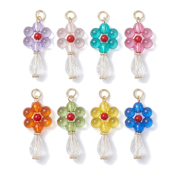Acrylic Pendants, with Natural Mashan Jade and 304 Stainless Steel Jump Rings, Flower Charms