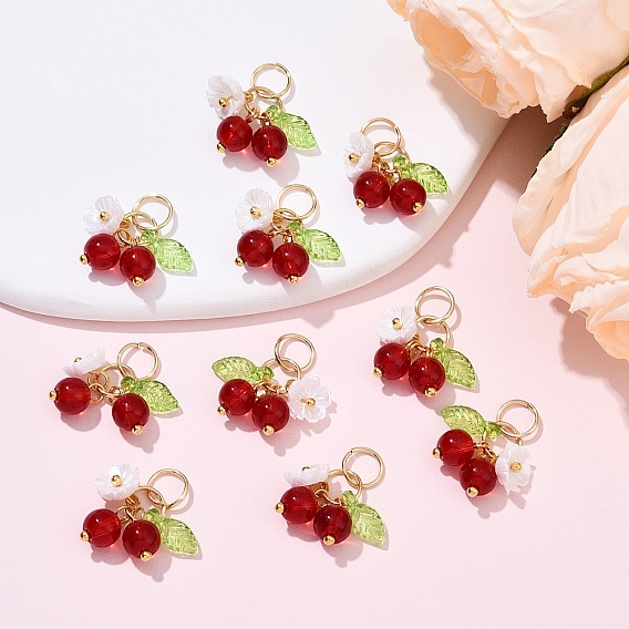 10 шт. Стеклянные подвески, вишня, с 304 соединительными кольцами из нержавеющей стали и искусственным жемчугом из смолы