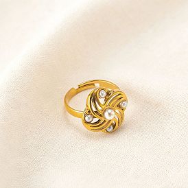 304 Stainless Steel & Imitation Pearl Cuff Open Rings, Flower, Golden
