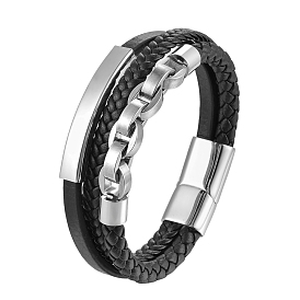 Imitation Leather Triple Layer Multi-strand Bracelets, Stainless Steel Magnetic Clasp for Men Women