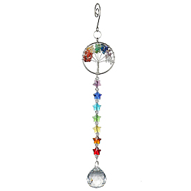 Crystals Chandelier Suncatchers Prisms, Star Chakra Hanging Pendants, with Gemstone Chips, for Home, Garden Decoration, Flat Round with Tree of Life