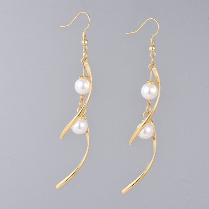 Dangle Earrings, with Rack Plating Brass Earring Hooks, 304 Stainless Steel Twist Pendants and Eco-Friendly Plastic Imitation Pearl Beads