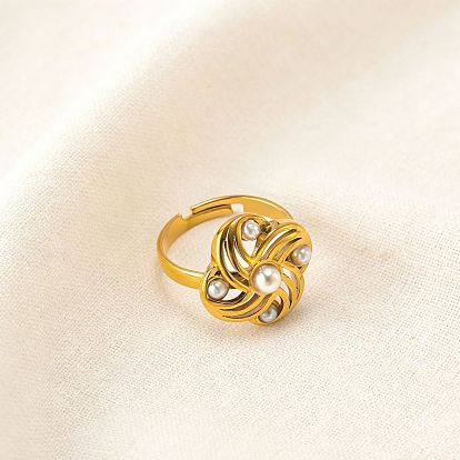 304 Stainless Steel & Imitation Pearl Cuff Open Rings, Flower, Golden