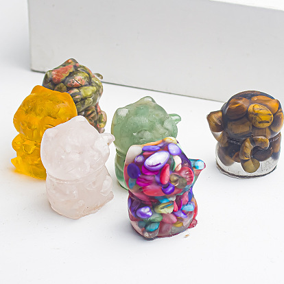Resin Fortune Cat Display Decoration, with Natural Gemstone Chips inside Statues for Home Office Decorations