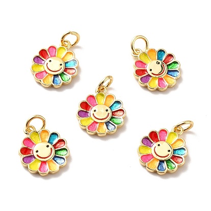 Rack Plating Brass Pendants, Cadmium Free & Lead Free & Nickle Free, with Enamel and Jump Ring, Real 18K Gold Plated, Flower with Smiling Face