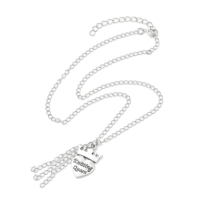 Alloy Crown with Heart Carved Word Knitting Queen Pendant Necklace, Brass Curb Chains Necklaces