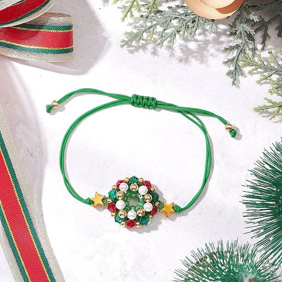 Стеклянные бусины плетеные браслеты из бисера, плетеные браслеты из нейлоновой нити для женщин, Рождественский венок, с оболочкой шарик перлы