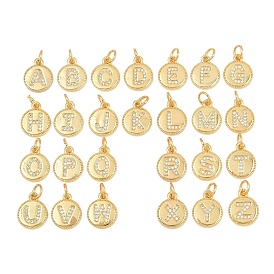 Brass Micro Pave Clear Cubic Zirconia Charms, Flat Round with Letter A~Z Charms, Long-Lasting Plated, Lead Free & Cadmium Free, Rack Plating