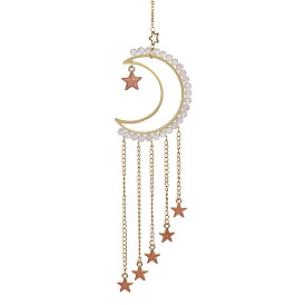 Décorations de pendentif de lune en laiton et pierres précieuses naturelles, avec breloques étoiles en alliage émaillé, pour les décorations de lune à la maison