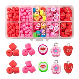 Perles en pâte polymère faites à la main sur le thème de la saint valentin, colonne & fleur & coeur