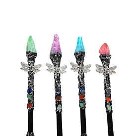 Natural Quartz & Metal Dragonfly Magic Wand, Wood Cosplay Magic Wand, for Witches and Wizards