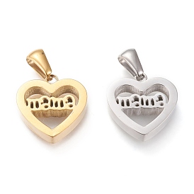 Mother's Day Ion Plating(IP) 304 Stainless Steel Pendants, Cut-Out, Hollow, Manual Polishing, Heart with Word Mama