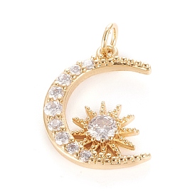 Brass Micro Pave Clear Cubic Zirconia Pendants, with Jump Ring, Flat Round, Moon with Sun