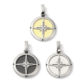 Ion Plating(IP) 304 Stainless Steel Pendants, Flat Round with Compass Charm