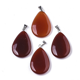 Natural Carnelian/Red Agate Pendants, Dyed & Heated, with Stainless Steel Snap On Bails, Teardrop