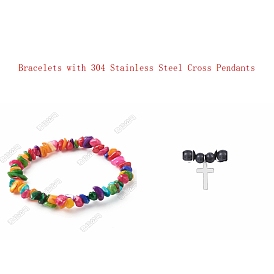 Natural Chip Dyed Shell Beads Stretch Bracelets, with 304 Stainless Steel Cross Pendants