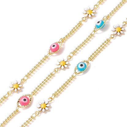 Enamel Flower & Glass Horse Eye Link Chains, with Real 18K Gold Plated Brass Ball Chains, Soldered, with Spools, Cadmium Free & Lead Free