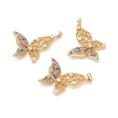 Brass Micro Pave Colorful Cubic Zirconia Charms, Long-Lasting Plated, Lead Free & Cadmium Free & Nickel Free, Butterfly