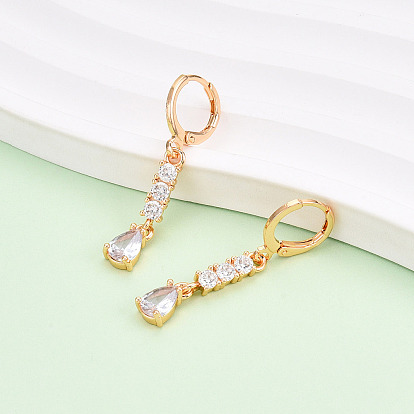 Серьги с подвесками на защелке из латуни с микропаве и фианитами, долговечный, слеза, золотые