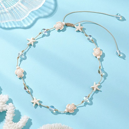 Ожерелье для женщин из искусственной бирюзы, бисера и круглых бусин лунного камня, регулируемый шнурок из вощеного нейлона, украшенное морской звездой, черепахой.