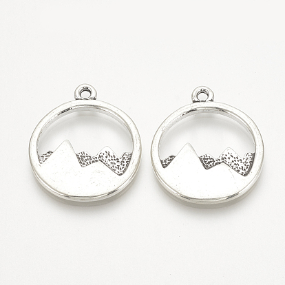 Tibetan Style Alloy Pendants, Flat Round with Mountain, Cadmium Free & Lead Free