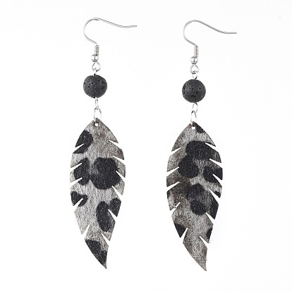 Imitation Leather Dangle Earrings, with Faux Fur, Natural Lava Rock Beads and 304 Stainless Steel Earring Hooks, Leaf