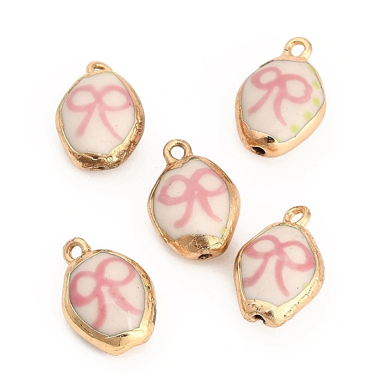 Printed Handmade Porcelain with Brass Pendants, Oval with Bowknot Charms, Golden