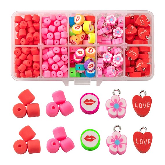 Valentine's Day Themed Handmade Polymer Clay Beads, Column & Flower & Heart