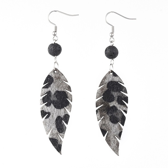 Imitation Leather Dangle Earrings, with Faux Fur, Natural Lava Rock Beads and 304 Stainless Steel Earring Hooks, Leaf