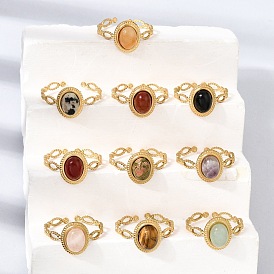 304 Stainless Steel Cuff Open Rings for Women, Oval, with Gemstone, Ion Plating(IP), Golden