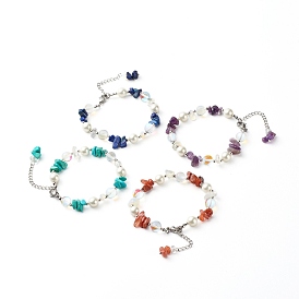 4Pcs Mixed Gemstone Chip Beaded Bracelets Set for Girl Women, Round Shell Pearl & Opalite Chip & Synthetic Moonstone Beads Bracelets, Platinum
