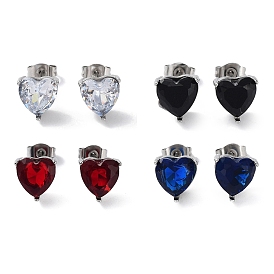 6 Pair 2 Color Heart Cubic Zirconia Stud Earrings, Golden & Stainless Steel Color 304 Stainless Steel Earrings