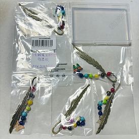 5piezas 5 marcapáginas con colgante de esmalte de aleación de mariposa de colores con cuenta de piedras preciosas de chakra, marcadores de plumas