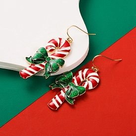 Pendientes colgantes de esmalte de aleación de bastón de caramelo navideño para mujer, con el pin de plata de ley