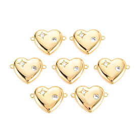 Rack Plating Brass Micro Pave Clear Cubic Zirconia Connector Charms, Nickel Free, Heart