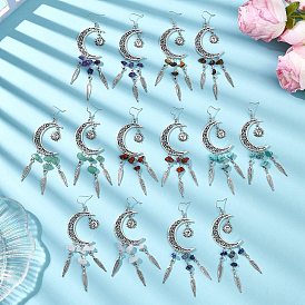 7 пары серег с подвесками из драгоценных камней, с фурнитурой из сплава в тибетском стиле и латунными крючками, луна с перышком