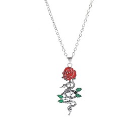 Gothic Alloy Enamel Red Rose Flower with Snake Pendant Necklaces for Women