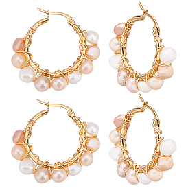 4 Pairs Vintage Natural Pearl Braided Hoop Earrings for Girl Women, 304 Stainless Steel Wire Wrap Earrings