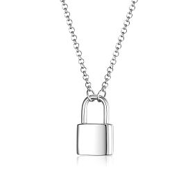 925 Sterling Silver Lock Pendant Necklaces for Women Men, Rhodium Plated