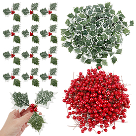 600шт. искусственные красные ягоды падуба из пенопласта, с 200шт. пластиковых искусственных листьев, для дома, кухня, партийные украшения