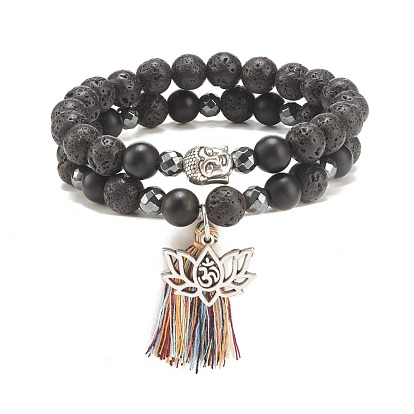 2 Stk. 2 Stil natürliches Lavagestein & synthetisches Hämatit Stretch-Armbänder mit Lotos & Buddha-Kopf aus Legierung, Edelsteinarmbänder mit großem Quastenanhänger für Frauen