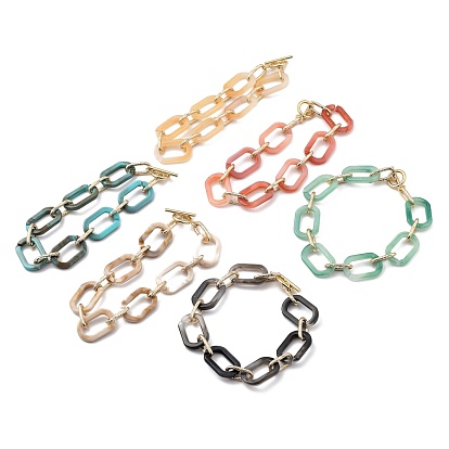 Acrylic & Aluminum Cable Chain Bracelets, with 304 Stainless Steel Toggle Clasps, Light Gold